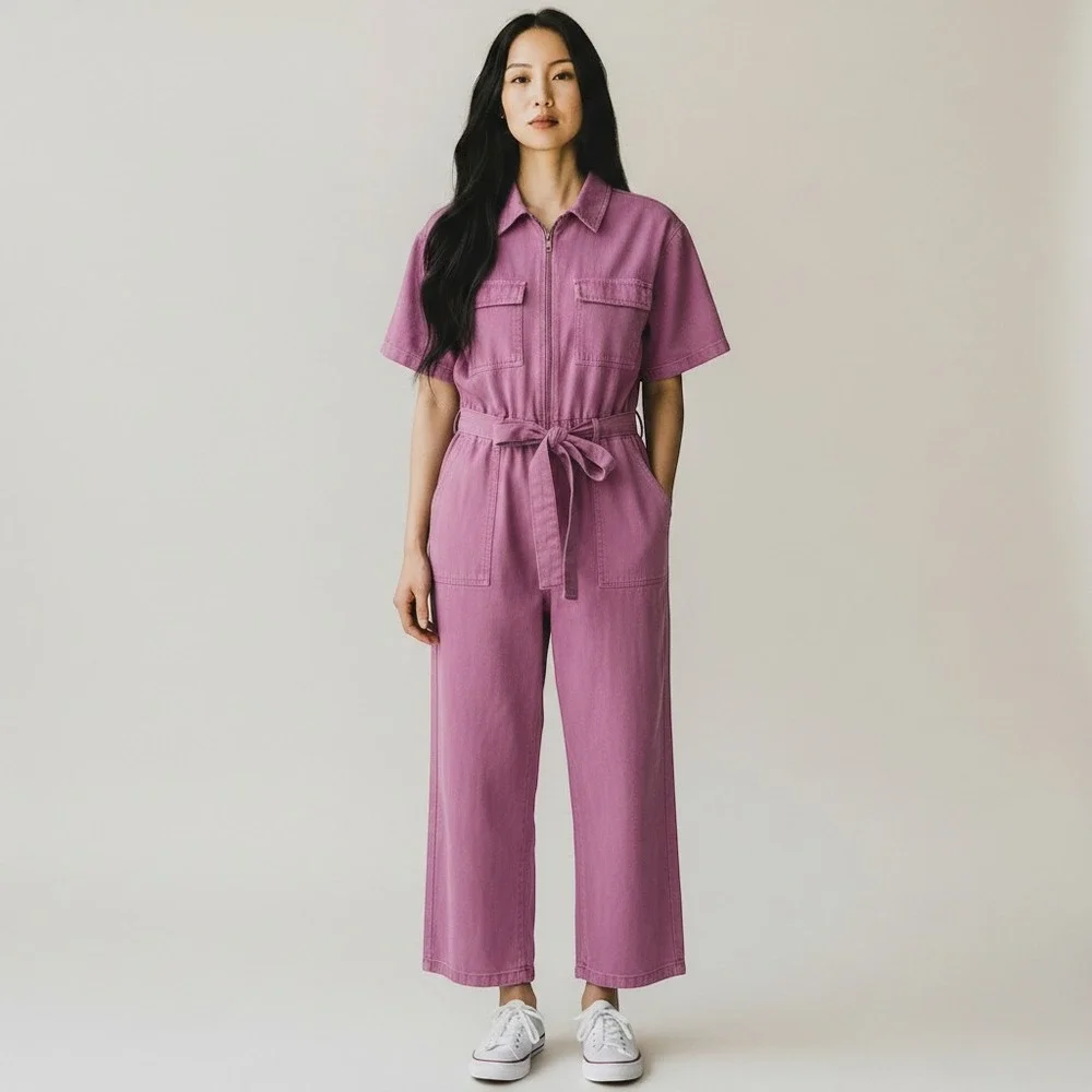 Universal Thread Women Short Sleeve Button-Front Boiler Suit Jumpsuit Sz 6 Pink